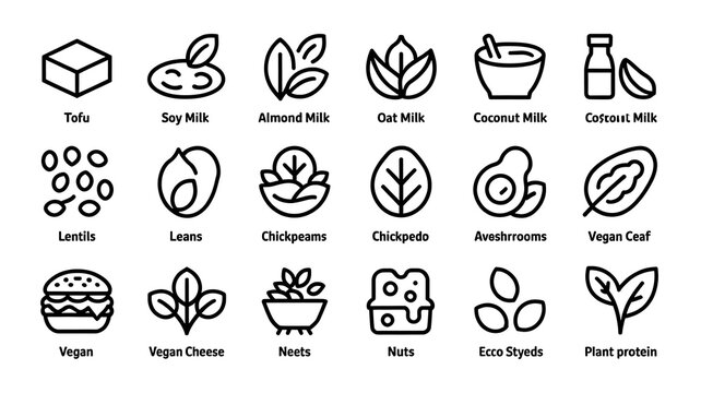 Collection of icons representing various vegan and plantbased food items
