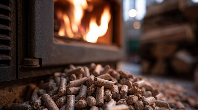 Pile of wood pellets in front of burning stove with bright flames