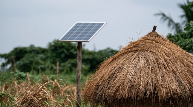 Solar panel and thatched roof hut in rural area
