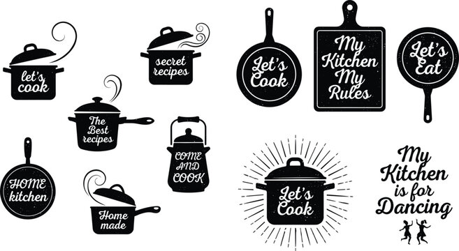 Vintage kitchen quotes and cooking silhouette badge set featuring pots pans cutting board kettle and typography labels for restaurant or home decor