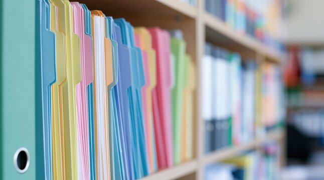 colorful file folders with tabs on shelf in office