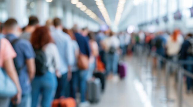 Blurred long line of passengers waiting in airport terminal