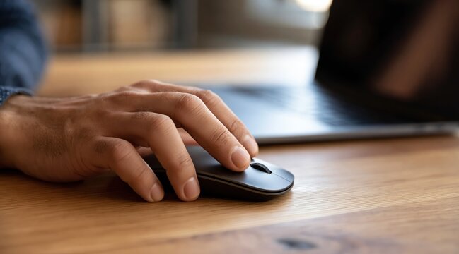 Close up of man hand using computer mouse on wooden desk