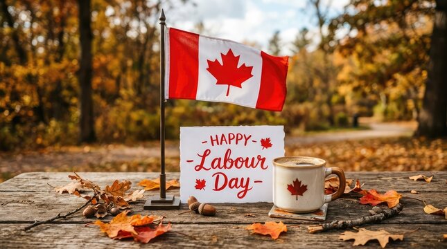 Canadian labor day celebration maple leaf flag coffee and autumnal scene for holiday marketing