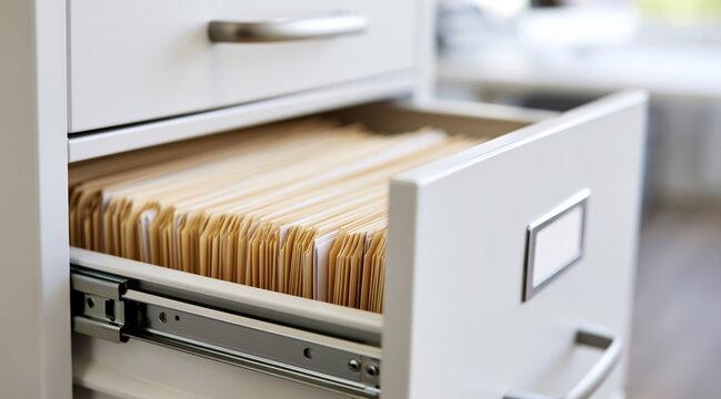 Open white filing cabinet drawer filled with manila folders
