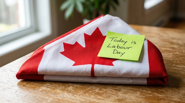 Canadian labor day celebration folded national flag with holiday reminder note