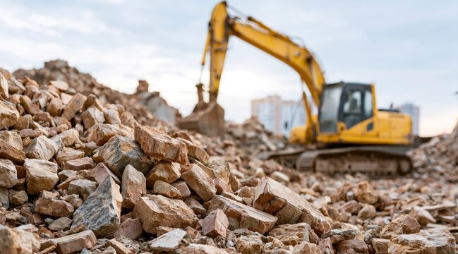 Rubble pile and yellow excavator at demolition site