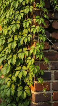 Lush Green Ivy Climbing Weathered Brick Wall in Warm Sunlight
