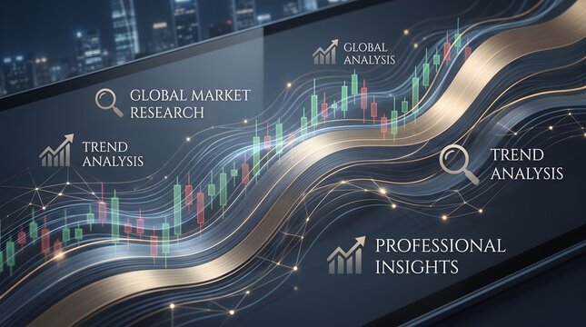 Digital financial chart showing global market trends with professional analytical icons displayed on a sleek modern high tech glass screen