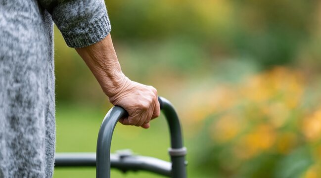 Senior woman hand on walking frame outdoors in park