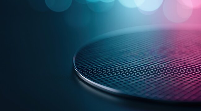 Silicon wafer with grid pattern under blue and pink light