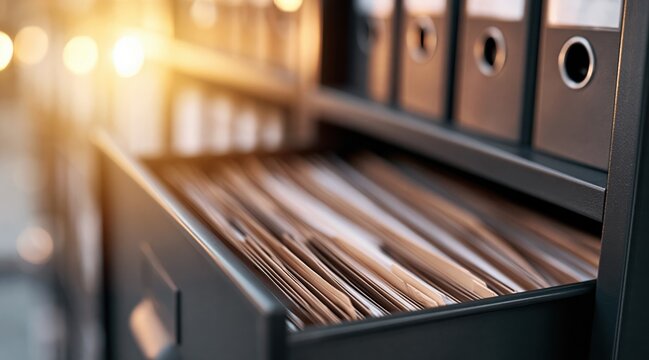 Open metal filing cabinet drawer with many manila folder and binder in background