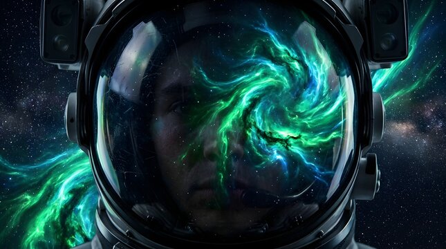 Astronaut Reflecting Cosmic Nebula in Helmet Visor, Exploring Outer Space Universe, Futuristic Sci-Fi Concept Art