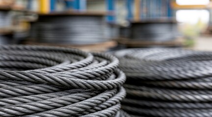 Fototapeta premium Close up of steel wire rope coiled on industrial spools