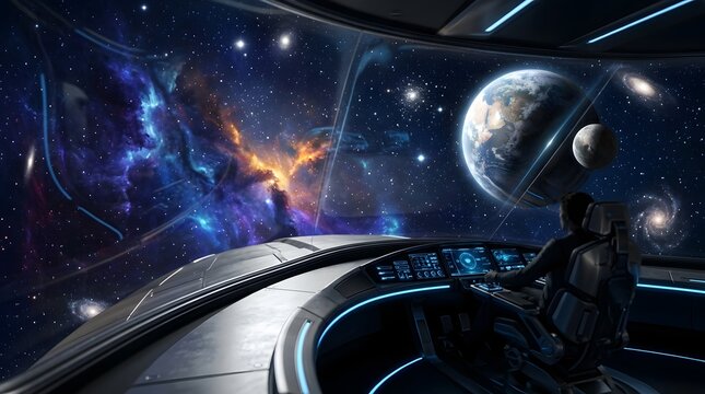 Astronaut in spaceship cockpit observing vast galaxy and planets, futuristic exploration and science fiction concept art