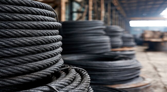 Close up of coiled metal wire rope in industrial warehouse