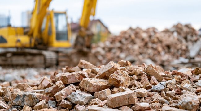 Pile of broken bricks at demolition site with yellow excavator in background
