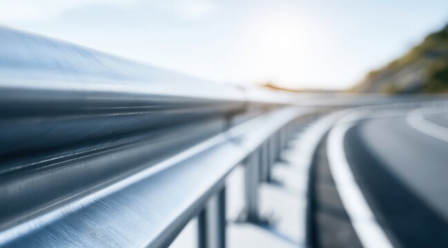 Metal safety guardrail on highway with blurred road background