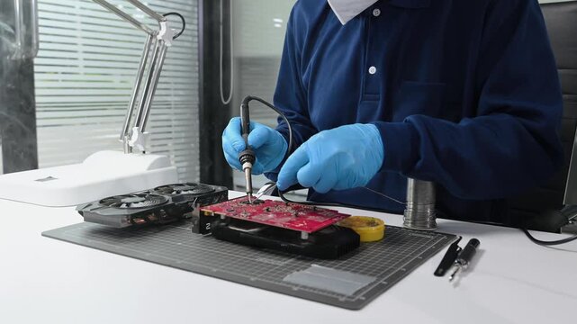 Technician repairing and upgrading computer hardware, testing motherboard circuits with tools