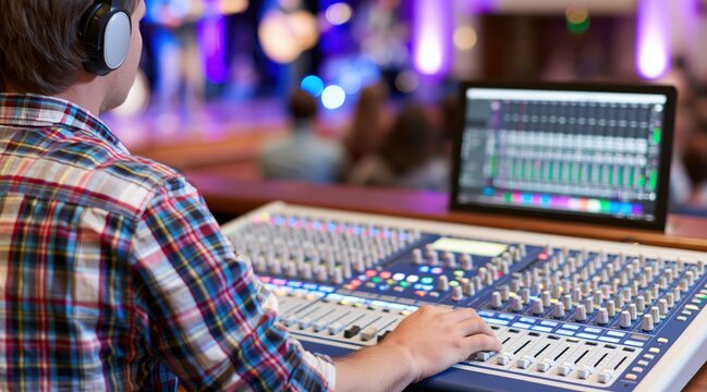 Sound engineer working on professional audio mixing console during live event