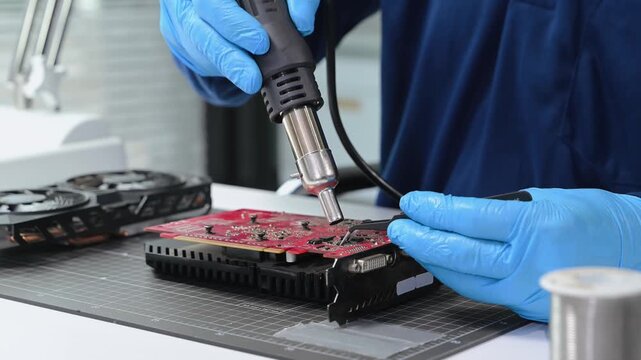 Technician repairing and upgrading computer hardware, testing motherboard circuits with tools