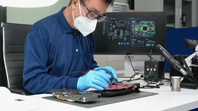 Senior technician soldering a circuit board on workbench. Blue gloves, precision tools, and electronics gear highlight