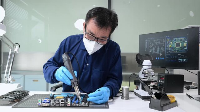 Senior technician soldering a circuit board on workbench. Blue gloves, precision tools, and electronics gear highlight