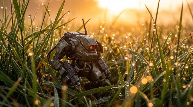 detailed Macro photo of miniature mech robot hiding grass showing abstract micro structural details and textures with professional studio lighting
