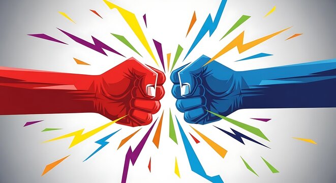 Colorful Red and Blue Fists Colliding with Lightning Burst on White Background