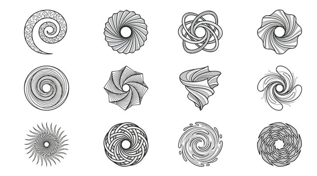 Diverse geometric spiral and vortex line icons.