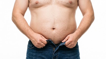 Naklejka premium A shirtless overweight man struggles to button his tight blue denim jeans because of his large belly while standing against a clean and bright white isolated studio background setting today.