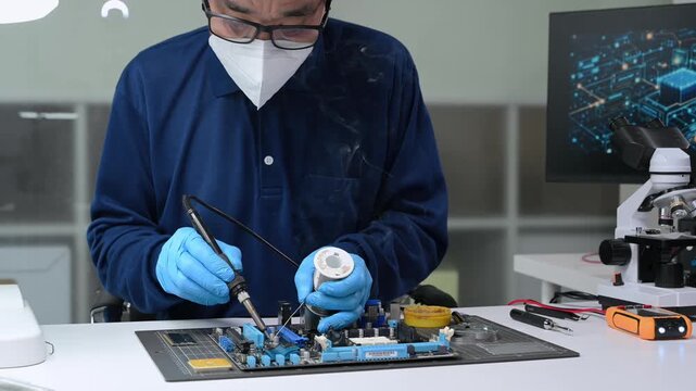 Senior technician soldering a circuit board on workbench. Blue gloves, precision tools, and electronics gear highlight