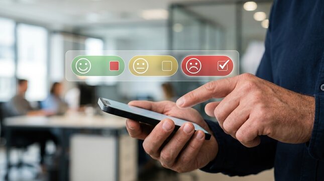 Customer giving negative feedback rating on smartphone screen, user experience survey concept