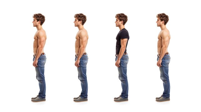 Man posture correction collage showing good alignment and slouching side view