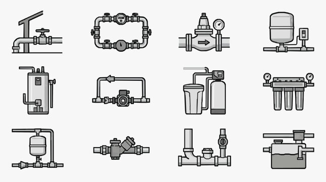 Professional Black and White Line Drawing Set of Various Plumbing Fixtures and Water Treatment Equipment