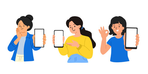 Fototapeta premium Illustration set featuring a cheerful young woman character smiling while displaying a blank smartphone screen