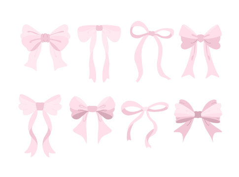 Illustration set featuring various pink bow ribbon shapes and styles with a soft and feminine aesthetic.