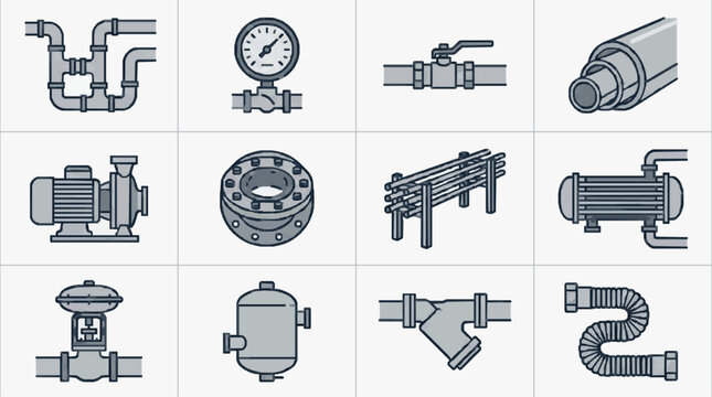 Sleek Monochromatic Line Icons Set of Plumbing and Industrial Equipment in Minimalist Gray Tones