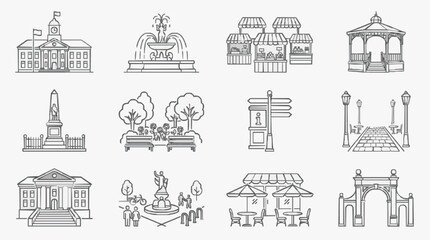 Fototapeta premium Minimalist Black and White Line Drawing Icons of Classic Town Landmarks and Public Spaces for Use