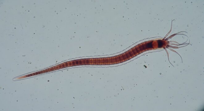Translucent Red Aquatic Worm Viewed Under Microscope on Pale Background