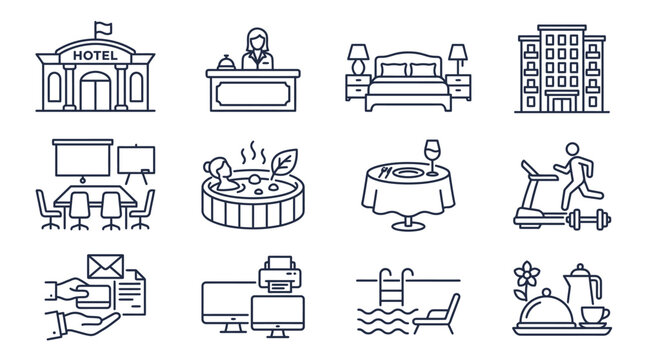 Hospitality and hotel service line icon collection.
