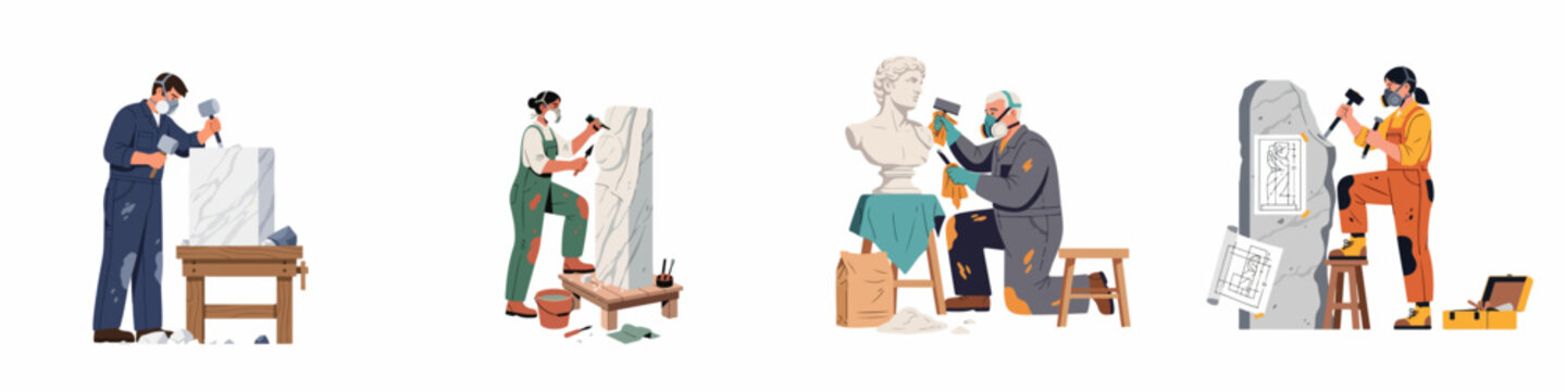 Set of diverse sculptors and stone carvers working on marble and rock statues in their studio using hammers, chisels, and blueprints.