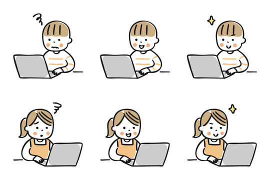 ノートパソコンを操作するこどものイラストセット　表情別