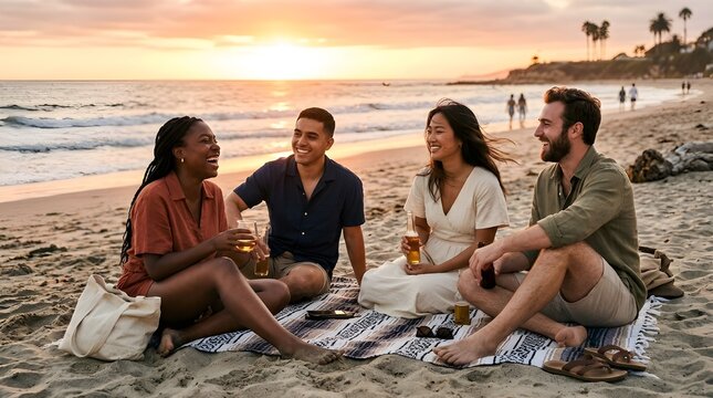Four friends laughing together on beach at golden sunset