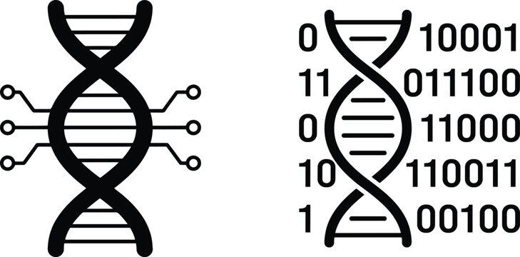 DNA helix icon with technology circuit connections and binary code numbers in black design for science and genetics illustration