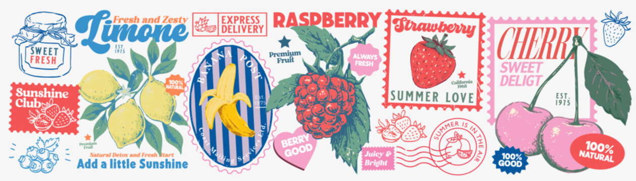 Vintage fruit postage stamp collection featuring lemon, banana, raspberry, strawberry and cherry with retro postal marks, labels and badges. Summer vector set for branding, stickers, packaging.