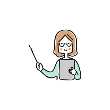 指し棒で説明する眼鏡の女性のイラスト　単品