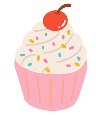 Cherry cupcake vector illustration with colorful sprinkles topping, Sweet vanilla muffin bakery dessert with pink cup graphic element,Cute flat design retro cherry cupcake with white frosting isolated © 다롱 이