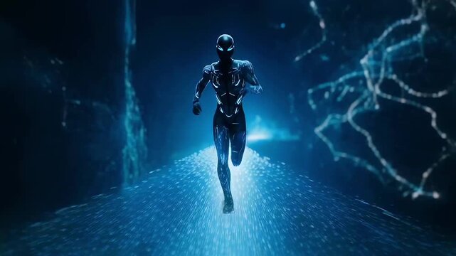 Fast digital race in bright neon. Quick movement through luminous digital tunnels. Swift figure accelerates through shimmering neon channels with energetic digital fragments surrounding