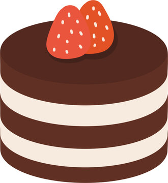 Chocolate layer cake illustration with strawberry toppings, bakery dessert graphic element, isolated 